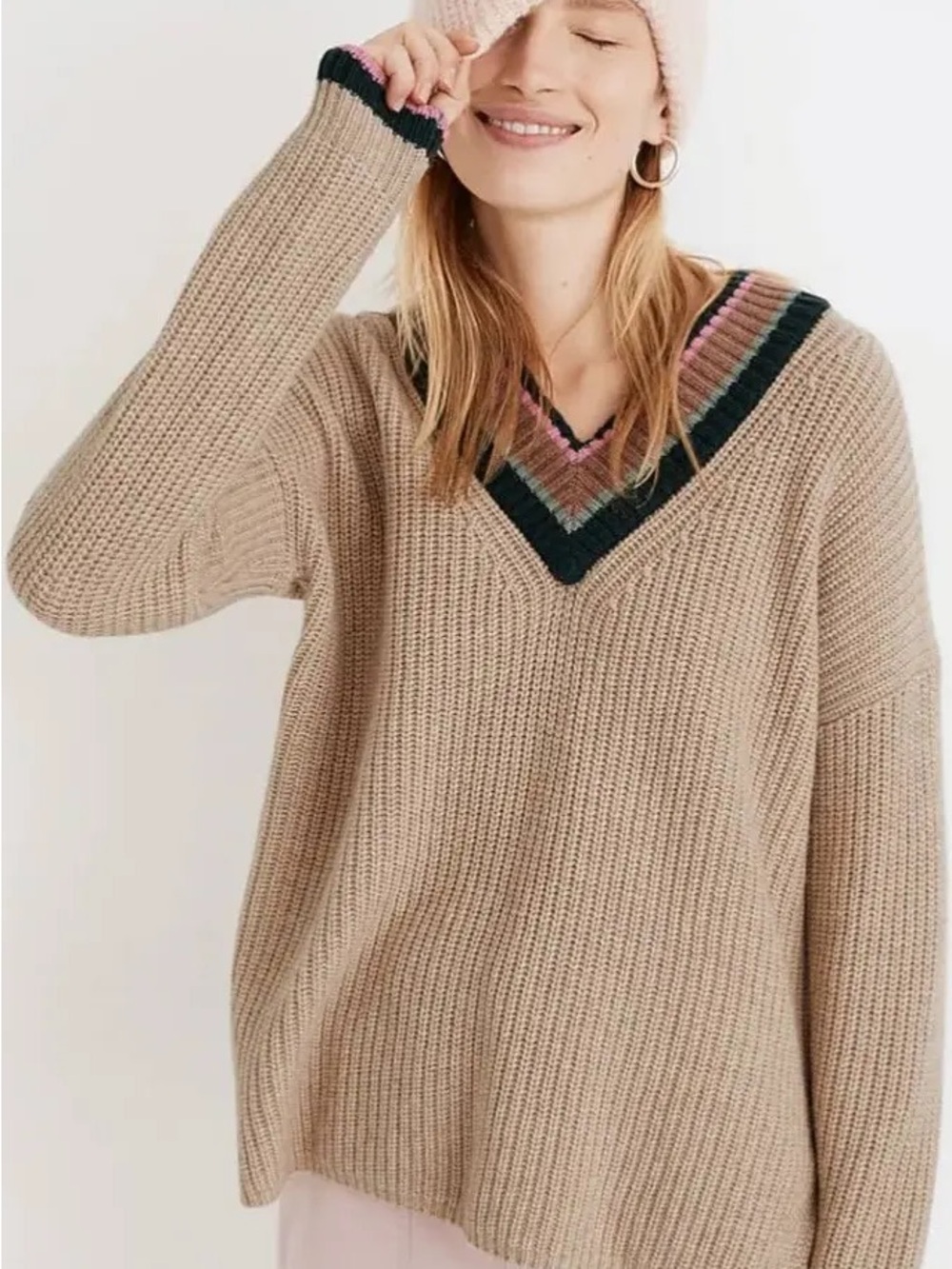 Madewell Striped V-Neck Varsity Pullover Sweater Tan Pink Green | Size Small